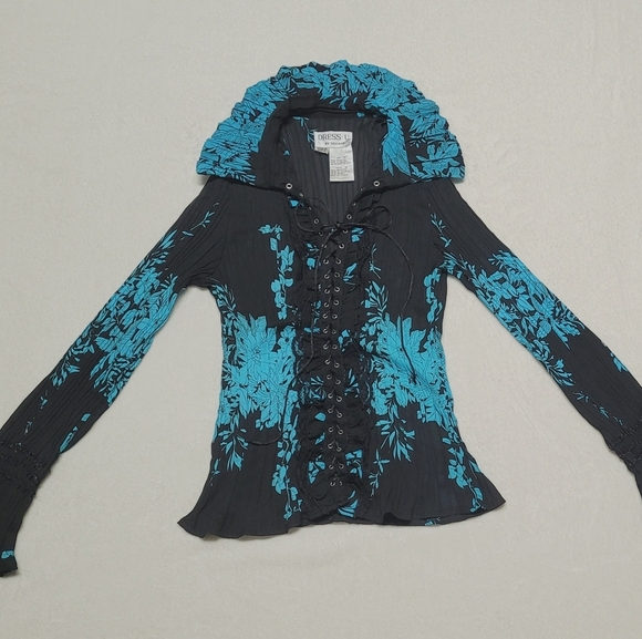 Gothic Vintage Lace-up Corset Black Teal Long Flare Sleeve Plisse Pleated Blouse - Picture 7 of 11